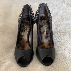 Sam Edelman Lorissa Black Leather Peep-Toe Heels with Silver Studs